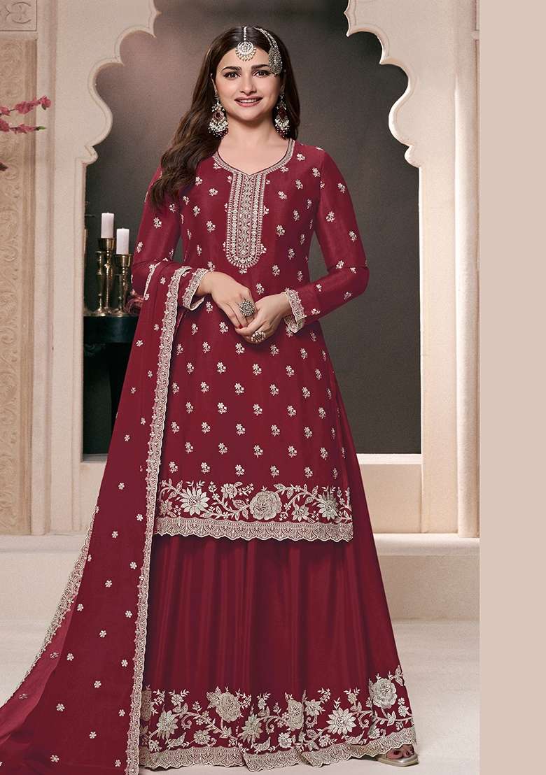 Maroon Embroidery Chinon Pakistani Suit Set - Indya