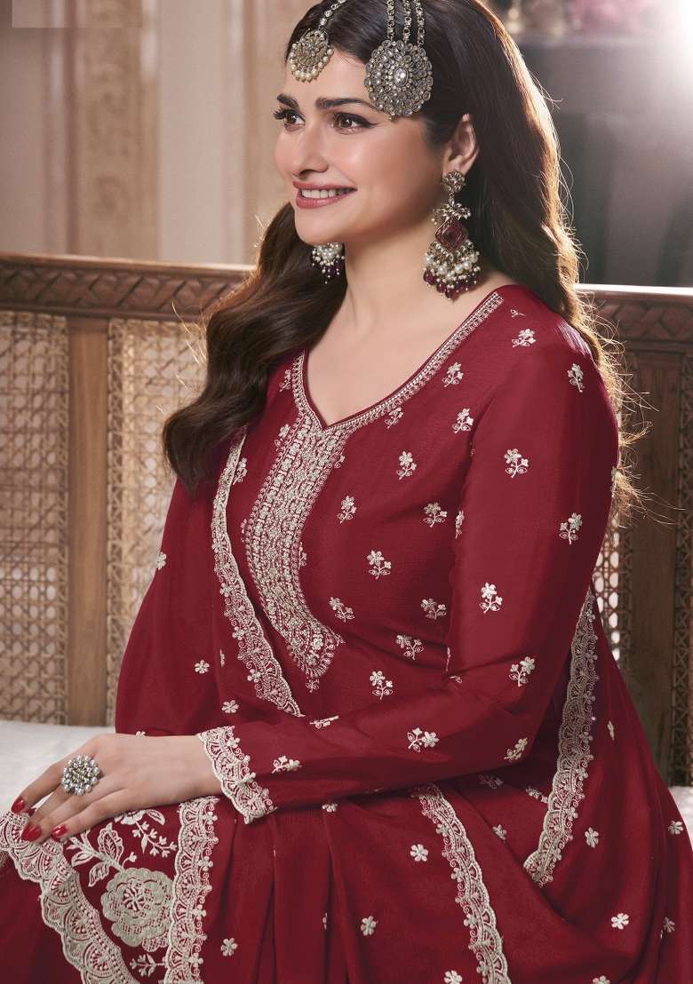 Maroon Embroidery Chinon Pakistani Suit Set - Indya