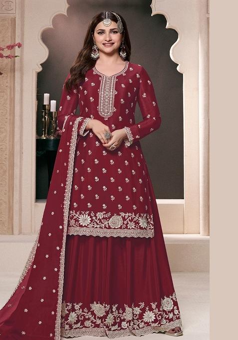 Maroon Embroidery Chinon Pakistani Suit Set