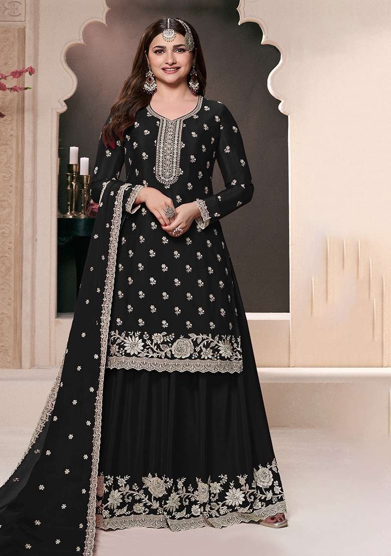 Black Embroidery Chinon Pakistani Suit Set - Indya