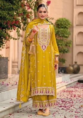 Yellow Embroidery Chinon Pakistani Suit Set
