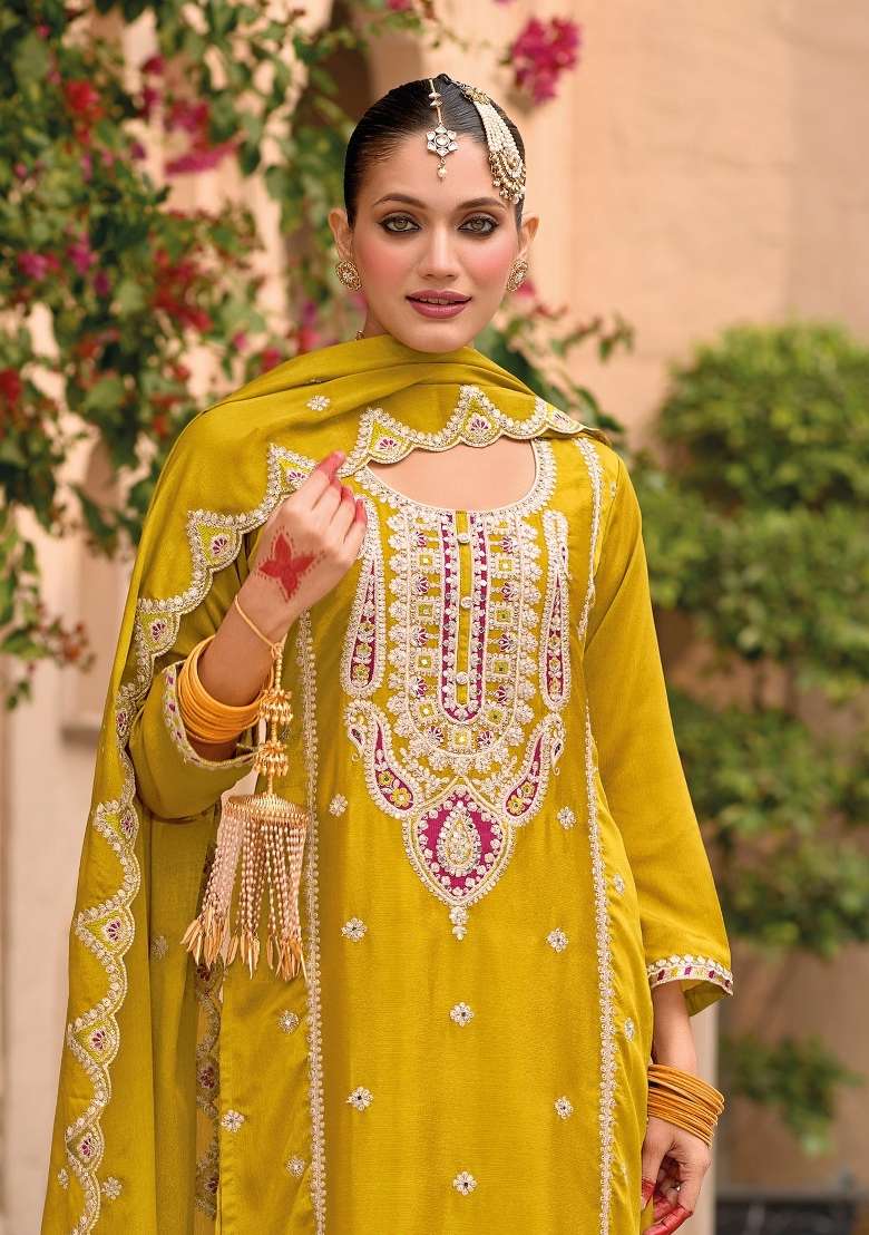 Yellow Embroidery Chinon Pakistani Suit Set - Indya