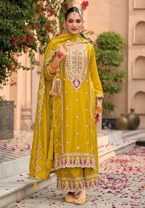 Yellow Embroidery Chinon Pakistani Suit Set