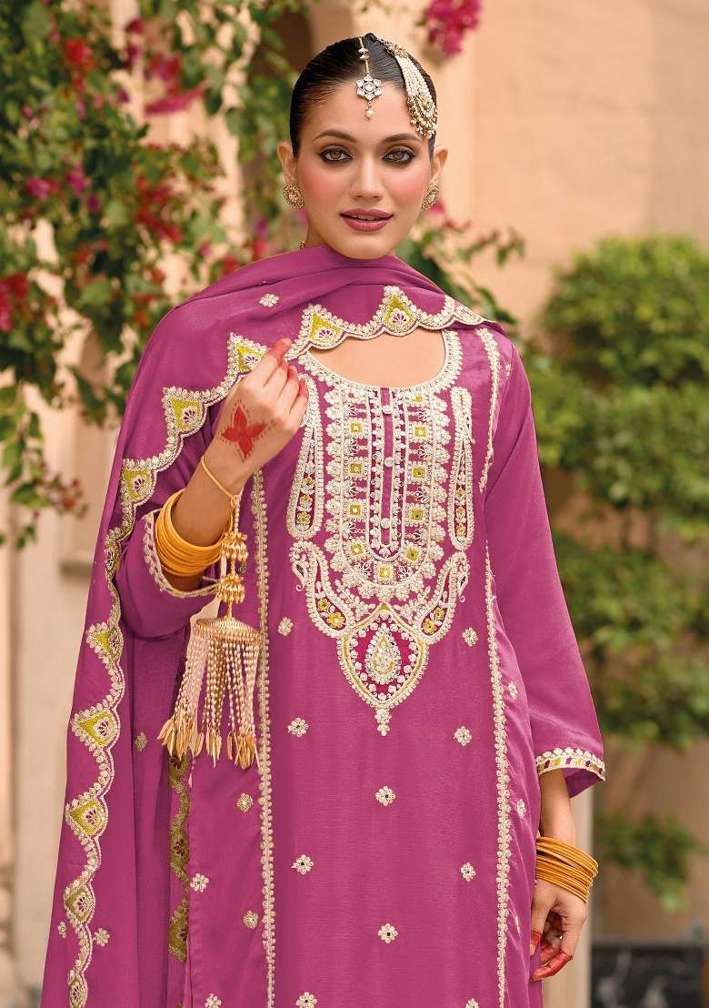 Pink Embroidery Chinon Pakistani Suit Set - Indya