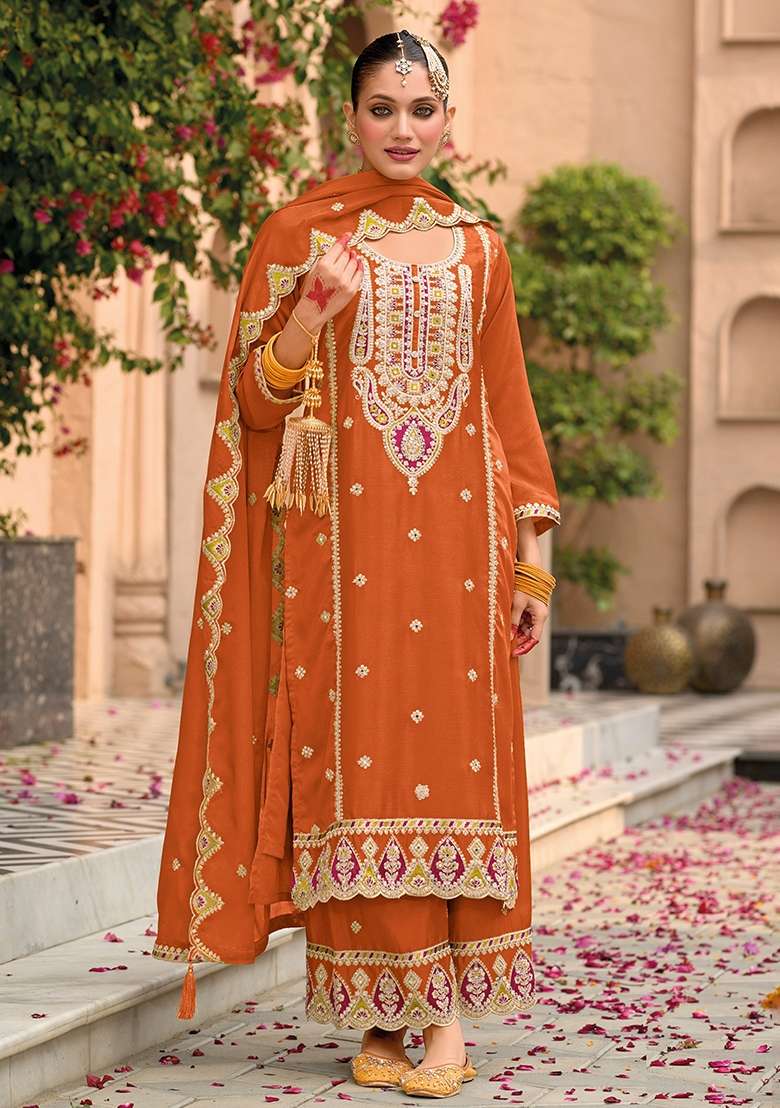 Orange Embroidery Chinon Pakistani Suit Set - Indya
