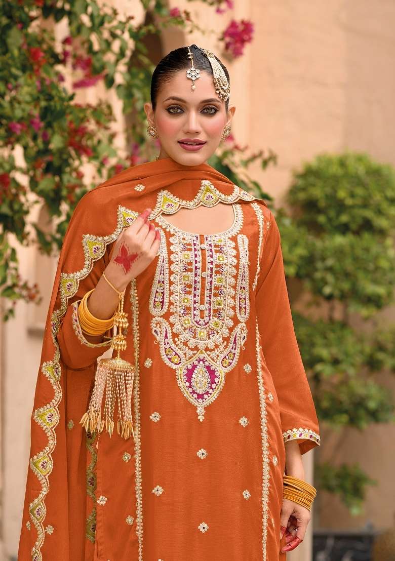 Orange Embroidery Chinon Pakistani Suit Set - Indya