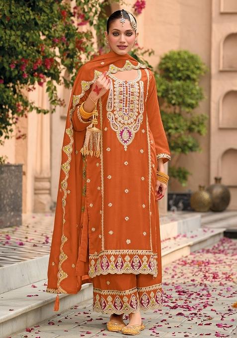 Orange Embroidery Chinon Pakistani Suit Set