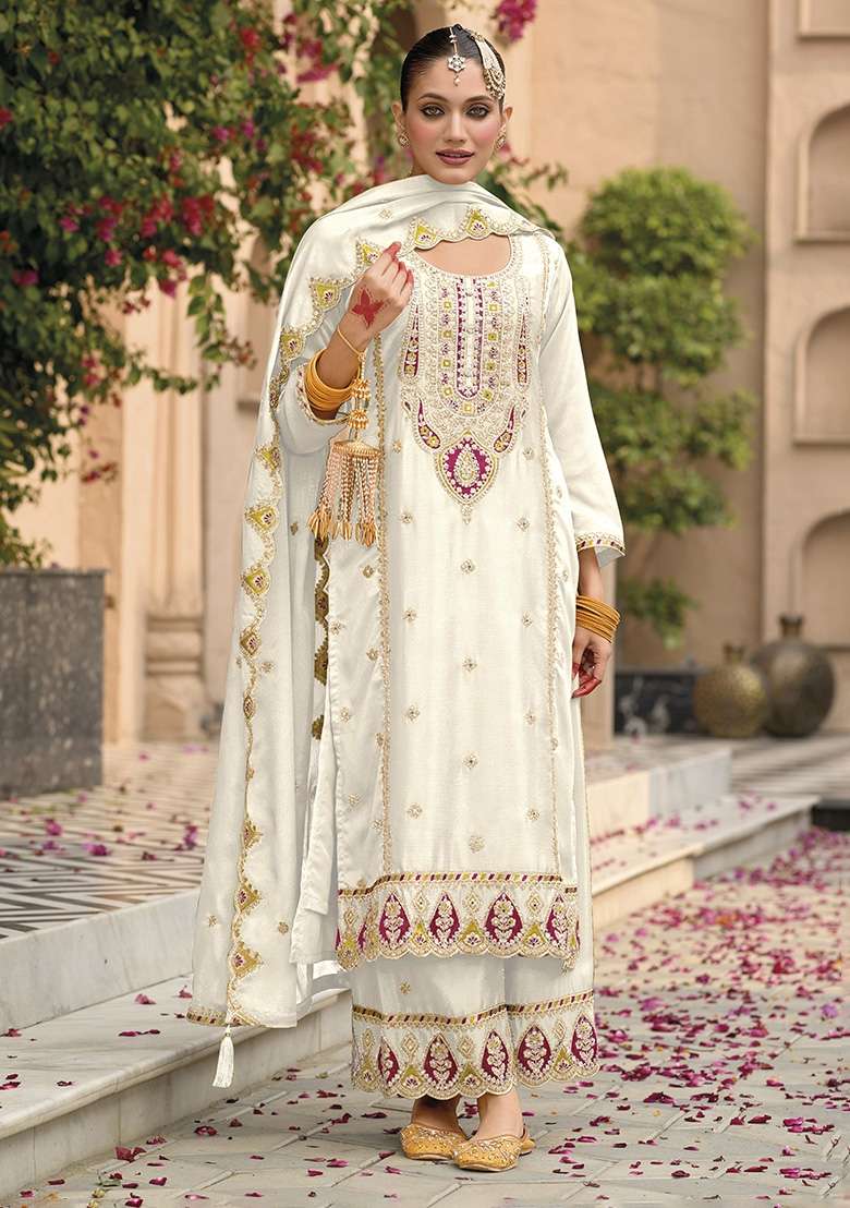 White Embroidery Chinon Pakistani Suit Set - Indya