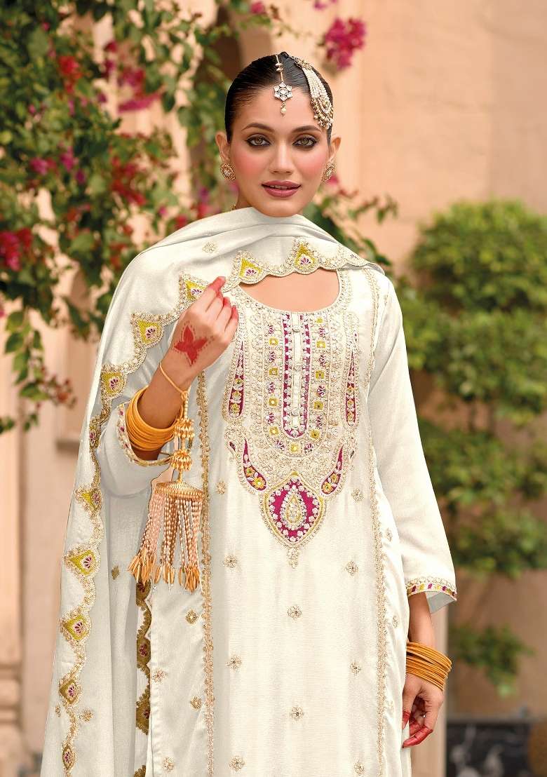 White Embroidery Chinon Pakistani Suit Set - Indya