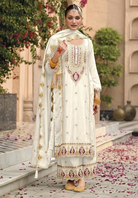 White Embroidery Chinon Pakistani Suit Set