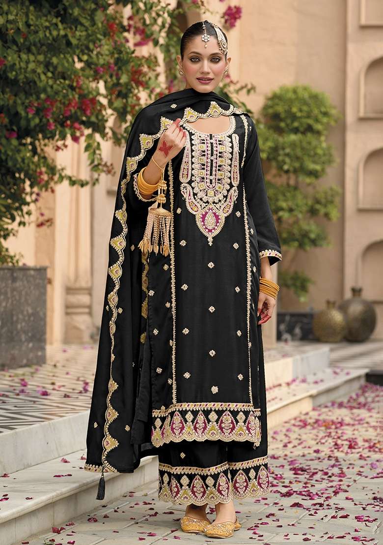 Black Embroidery Chinon Pakistani Suit Set - Indya