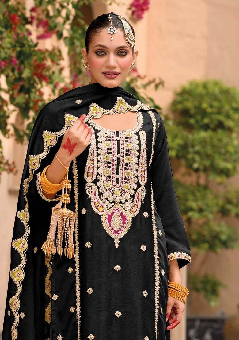 Black Embroidery Chinon Pakistani Suit Set - Indya