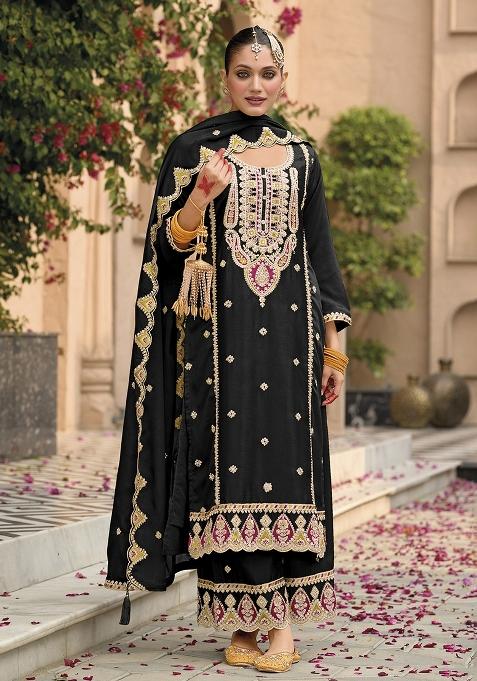 Black Embroidery Chinon Pakistani Suit Set