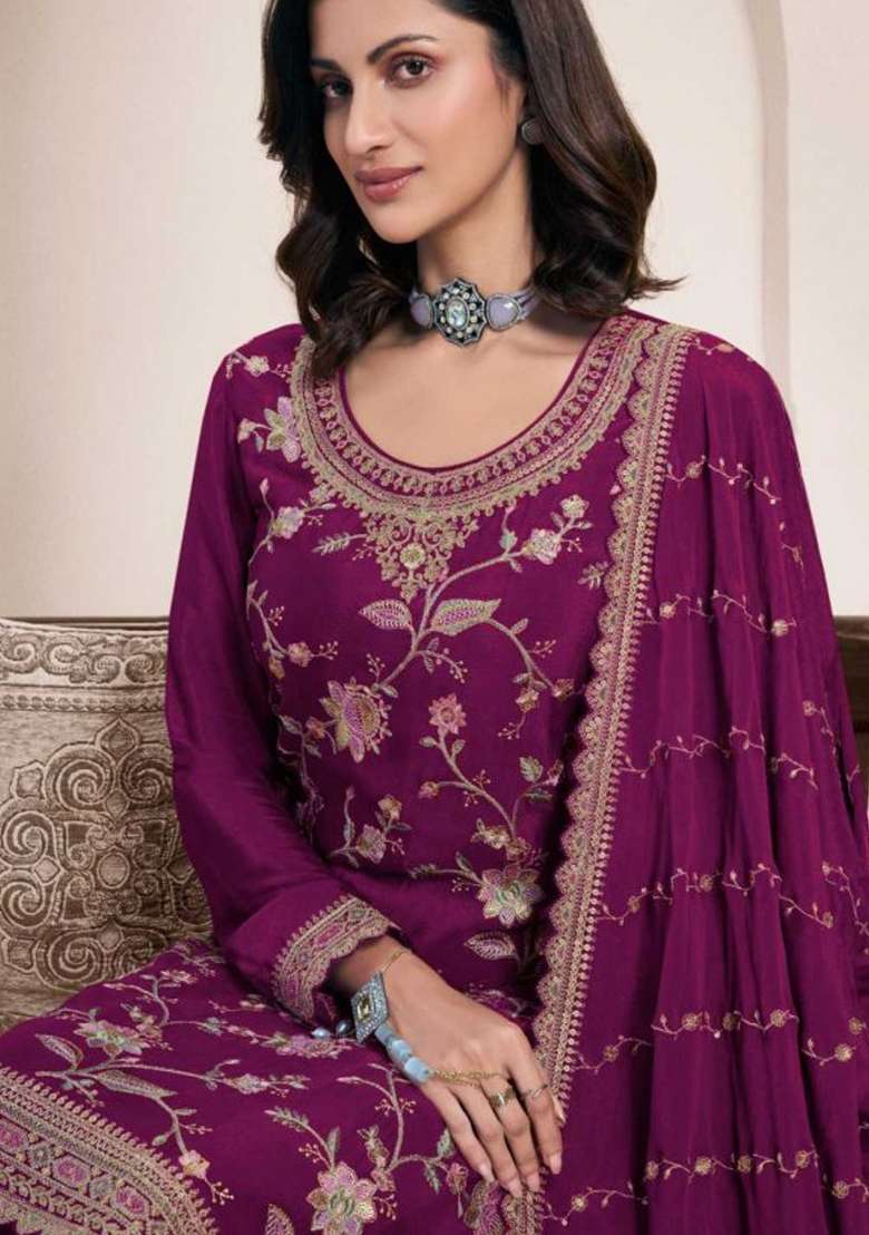 Purple Embroidery Chinon Pakistani Suit Set - Indya