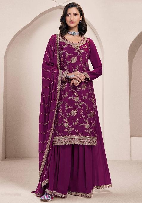 Purple Embroidery Chinon Pakistani Suit Set