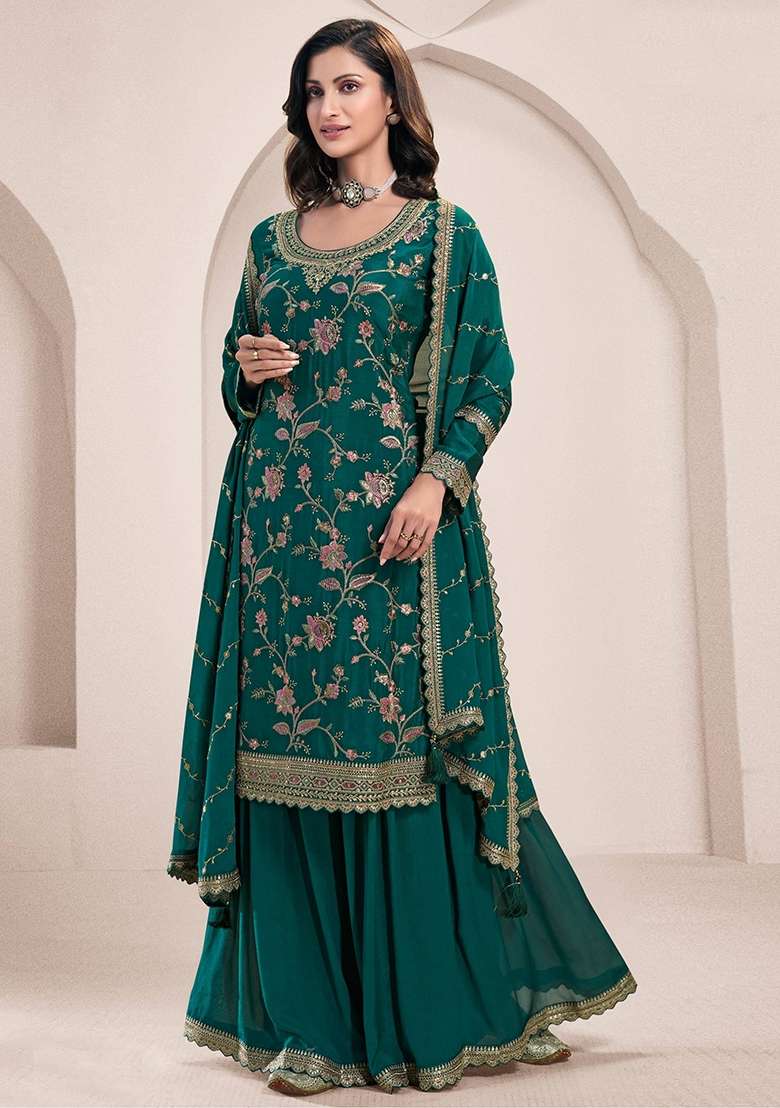 Green Embroidery Chinon Pakistani Suit Set - Indya