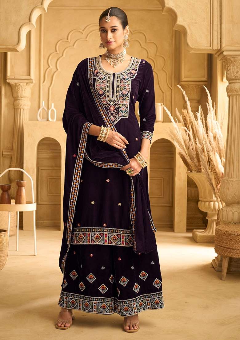 Purple Embroidery Velvet Pakistani Suit Set - Indya