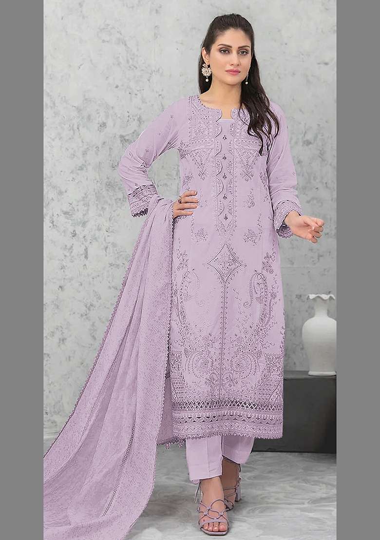 Purple Embroidery Cotton Pakistani Suit Set - Indya