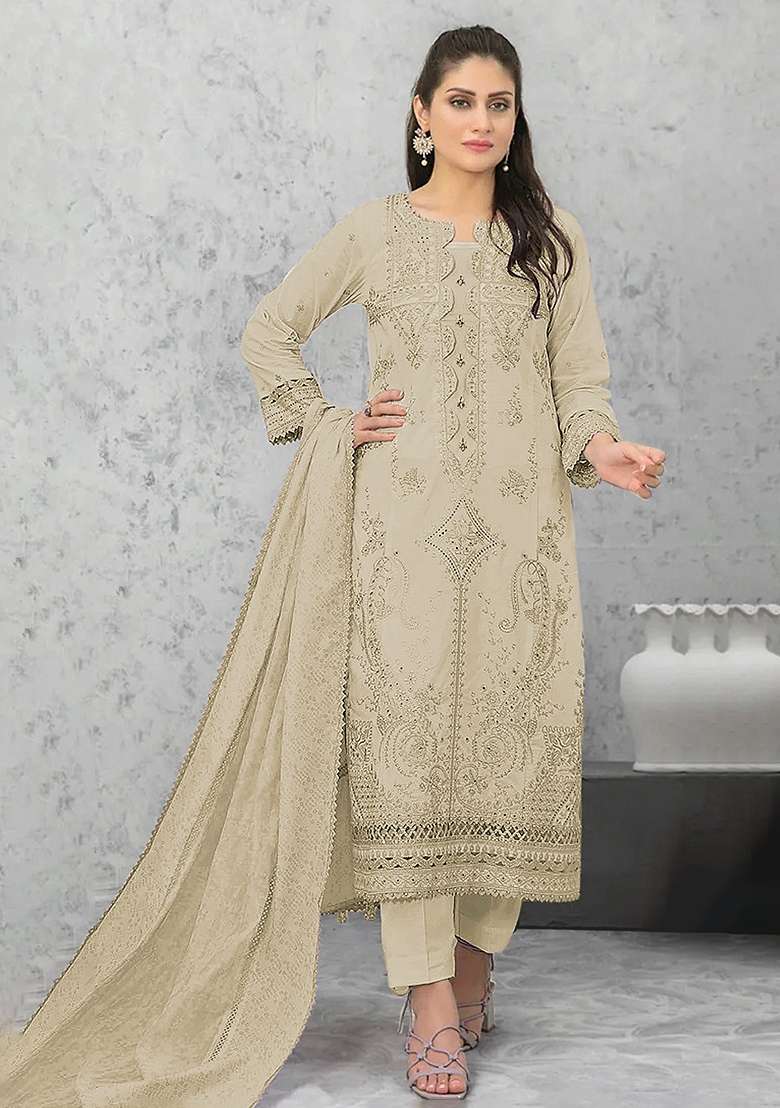 Green Embroidery Cotton Pakistani Suit Set - Indya