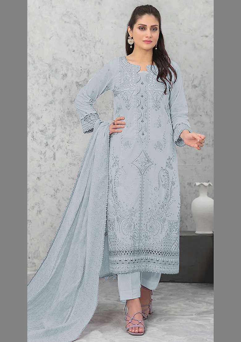 Grey Embroidery Cotton Pakistani Suit Set - Indya