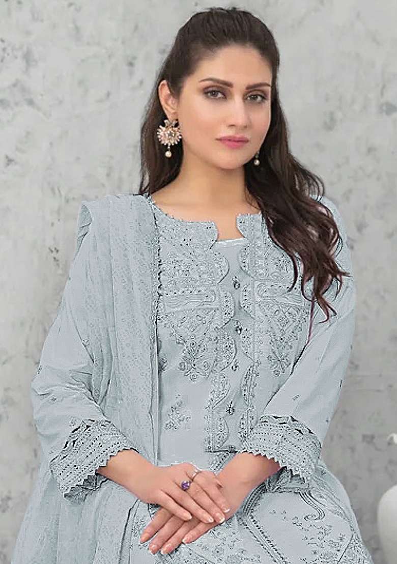 Grey Embroidery Cotton Pakistani Suit Set - Indya