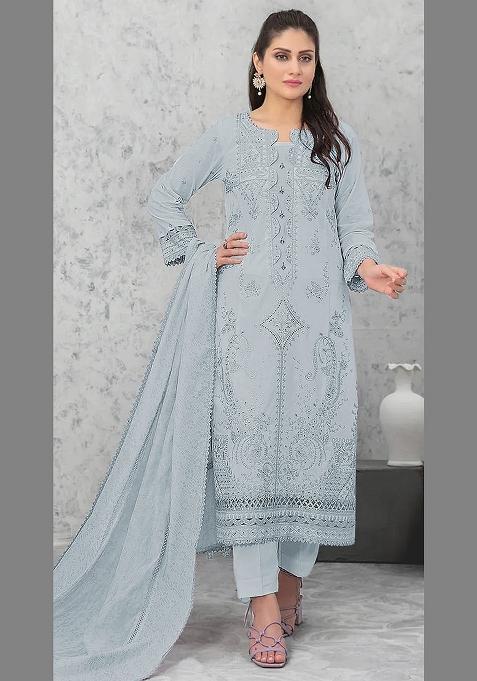 Grey Embroidery Cotton Pakistani Suit Set
