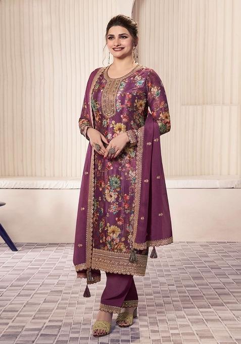 Wine Embroidery Chinon Pakistani Suit Set