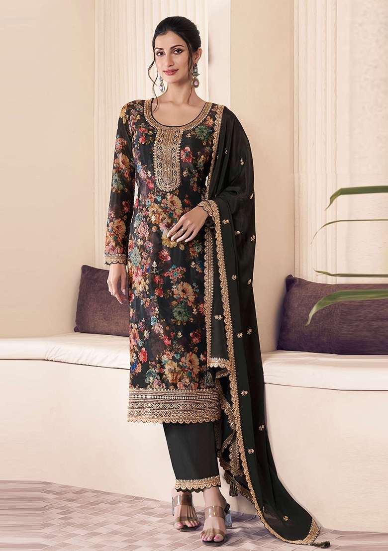Black Embroidery Chinon Pakistani Suit Set - Indya