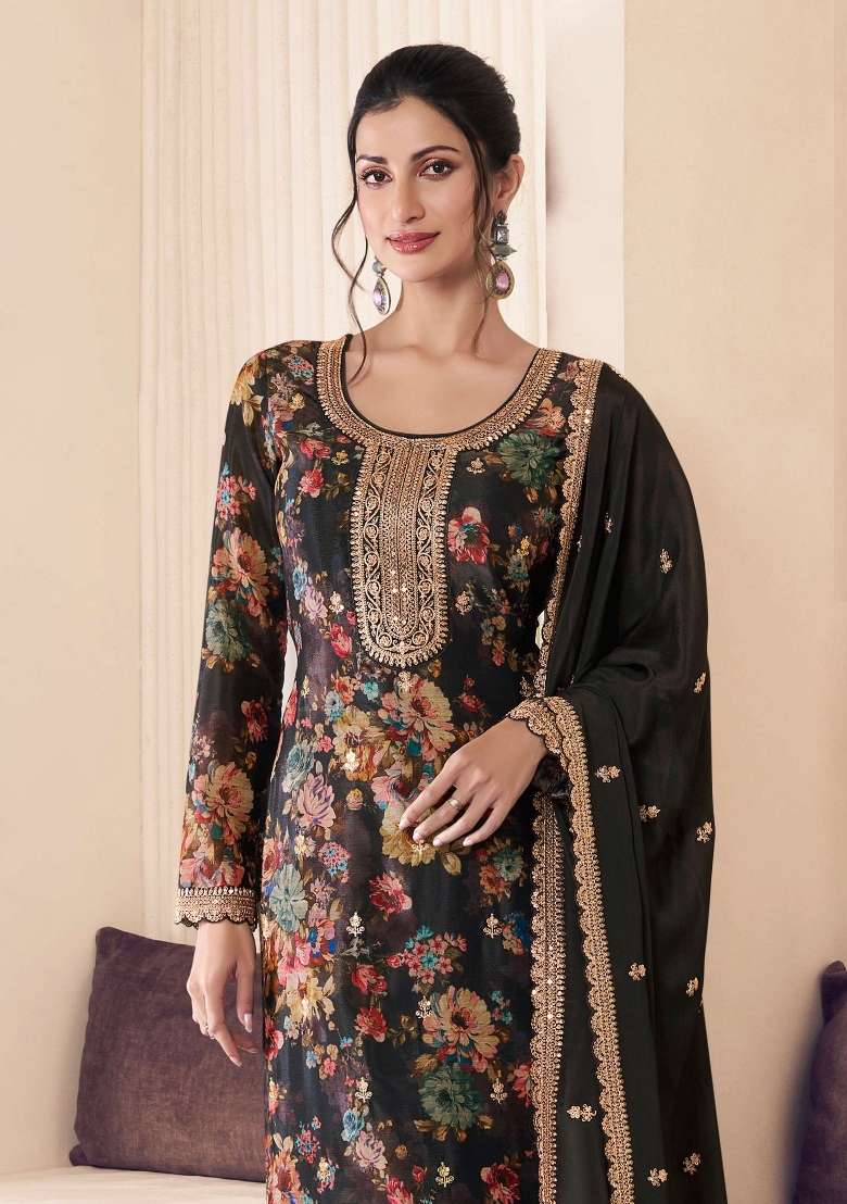 Black Embroidery Chinon Pakistani Suit Set - Indya