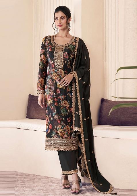 Black Embroidery Chinon Pakistani Suit Set