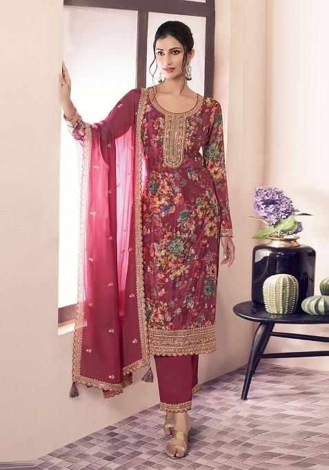 Red Embroidery Chinon Pakistani Suit Set