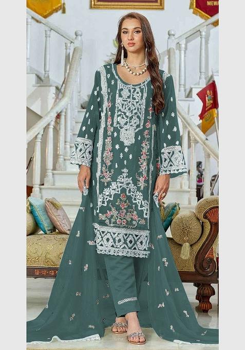 Aqua Green Embroidery Georgette Pakistani Suit Set