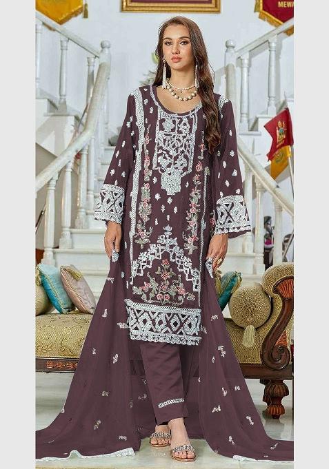 Brown Embroidery Georgette Pakistani Suit Set