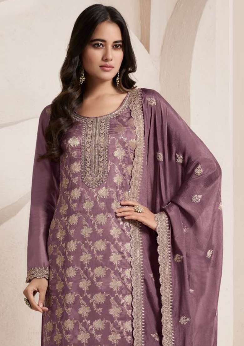 Purple Embroidery Jacquard Pakistani Suit Set - Indya