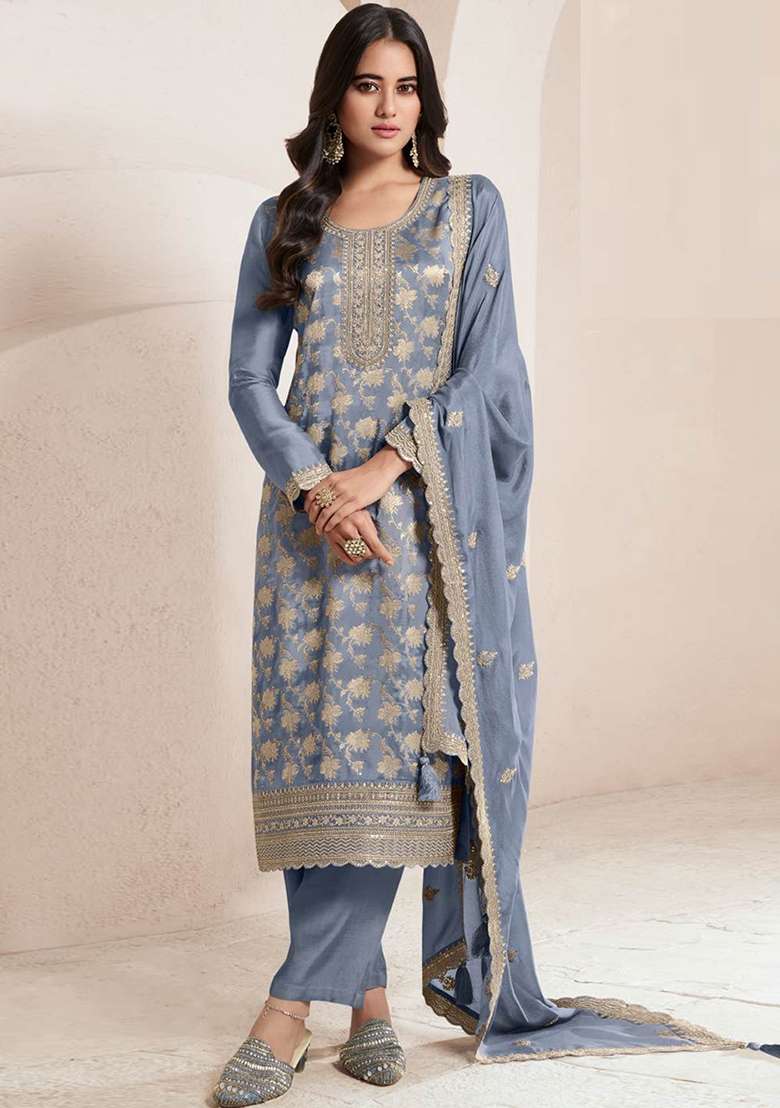Grey Embroidery Jacquard Pakistani Suit Set - Indya