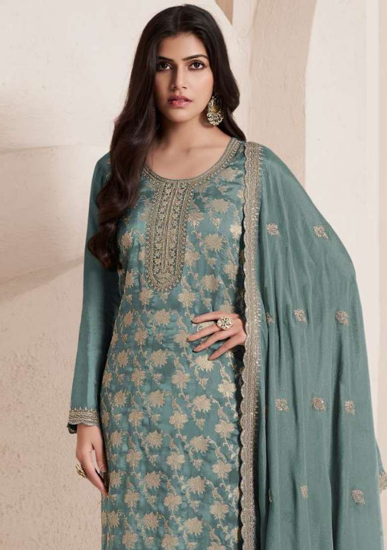 Green Embroidery Jacquard Pakistani Suit Set - Indya