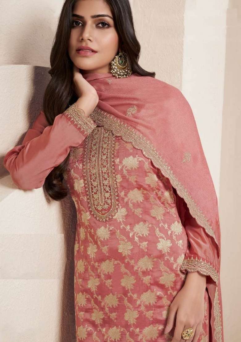 Orange Embroidery Jacquard Pakistani Suit Set - Indya