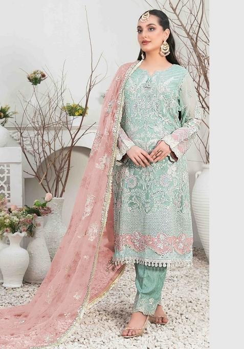 Sky Blue Embroidery Organza Pakistani Suit Set