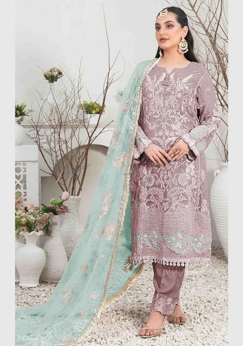 Mauve Embroidery Organza Pakistani Suit Set