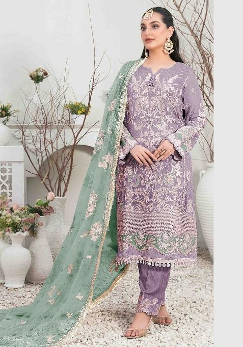 Purple Embroidery Organza Pakistani Suit Set