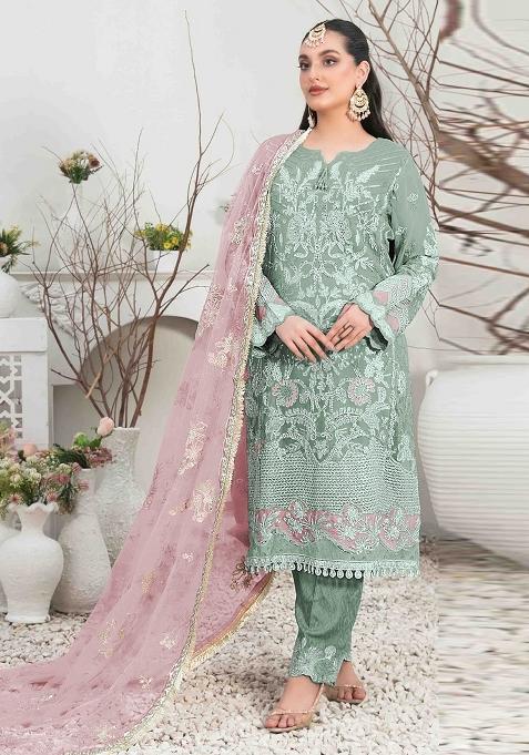 Green Embroidery Organza Pakistani Suit Set
