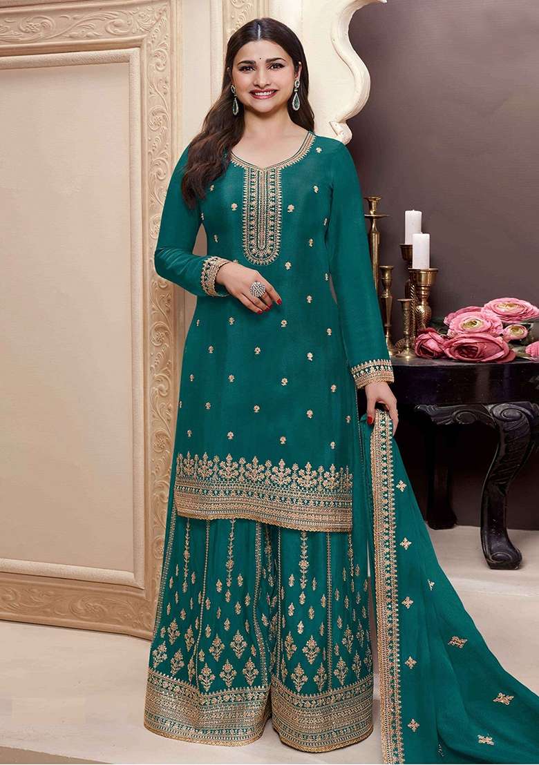 Aqua Green Embroidery Chinon Pakistani Suit Set - Indya