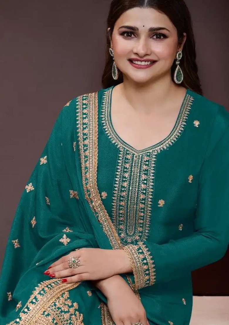Aqua Green Embroidery Chinon Pakistani Suit Set - Indya