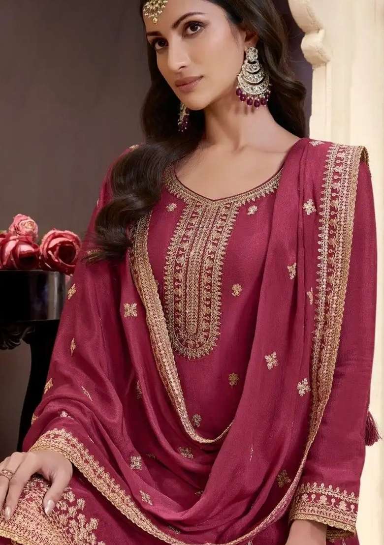 Maroon Embroidery Chinon Pakistani Suit Set - Indya