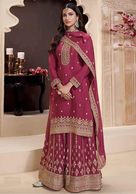 Maroon Embroidery Chinon Pakistani Suit Set