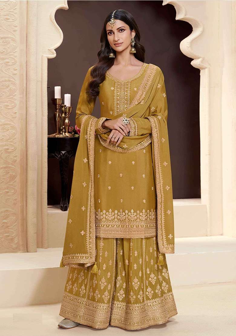 Yellow Embroidery Chinon Pakistani Suit Set - Indya