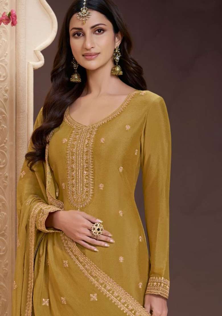Yellow Embroidery Chinon Pakistani Suit Set - Indya