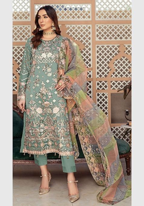 Green Embroidery Organza Pakistani Suit Set