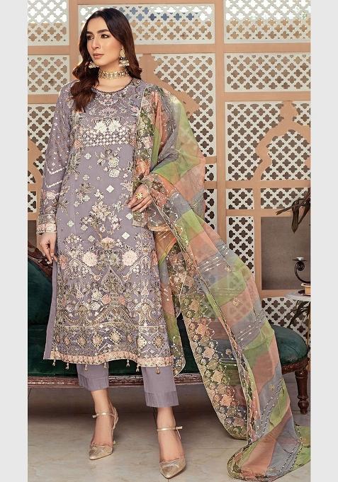 Purple Embroidery Organza Pakistani Suit Set