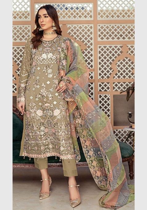 Beige Embroidery Organza Pakistani Suit Set